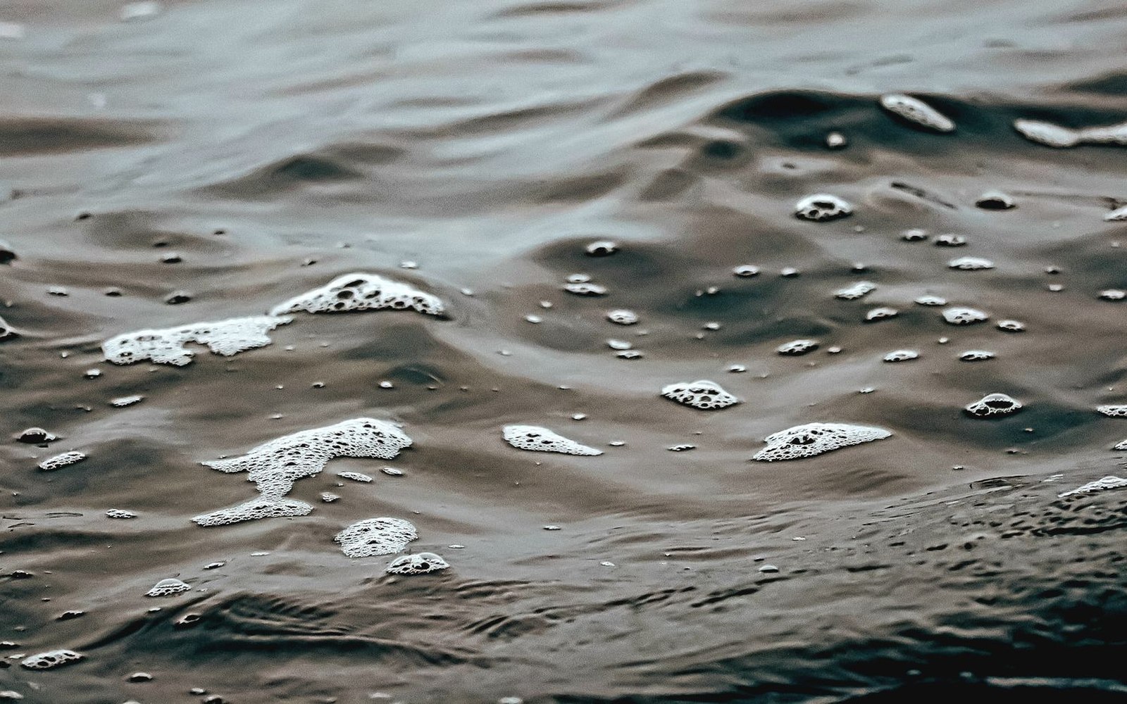 A just-trembling liquid surface, one slow bubble breaking, glassy stillness around it