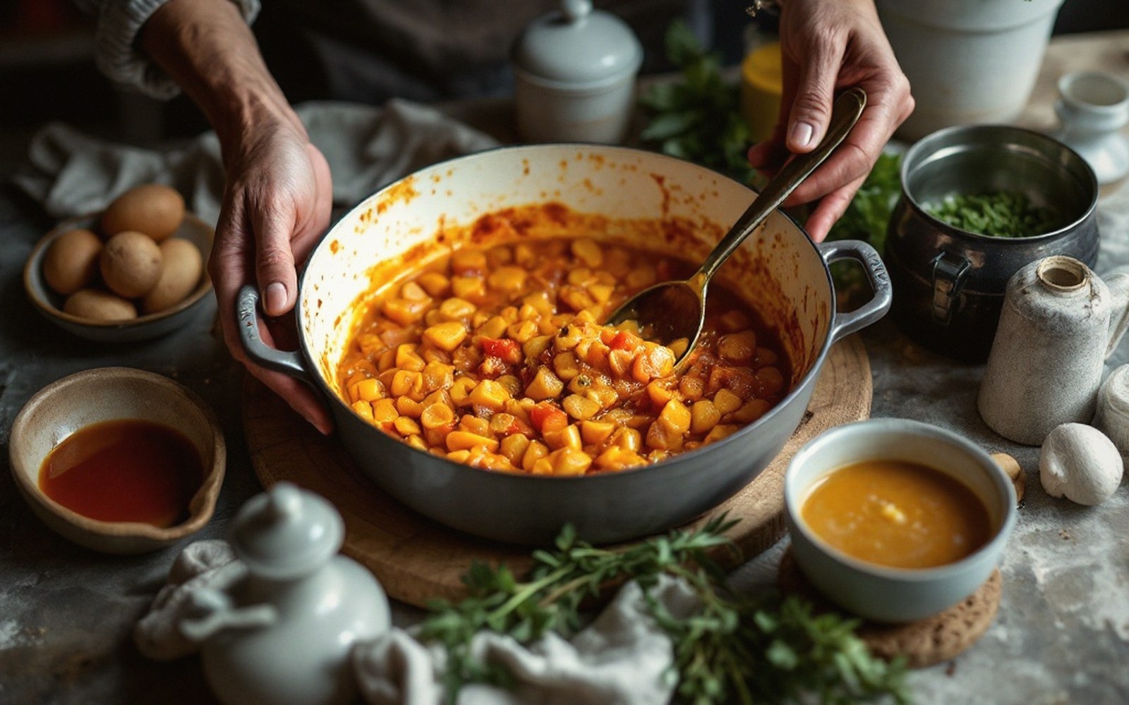 Hands stirring a pot of quenelles in tomato sauce with a spoon