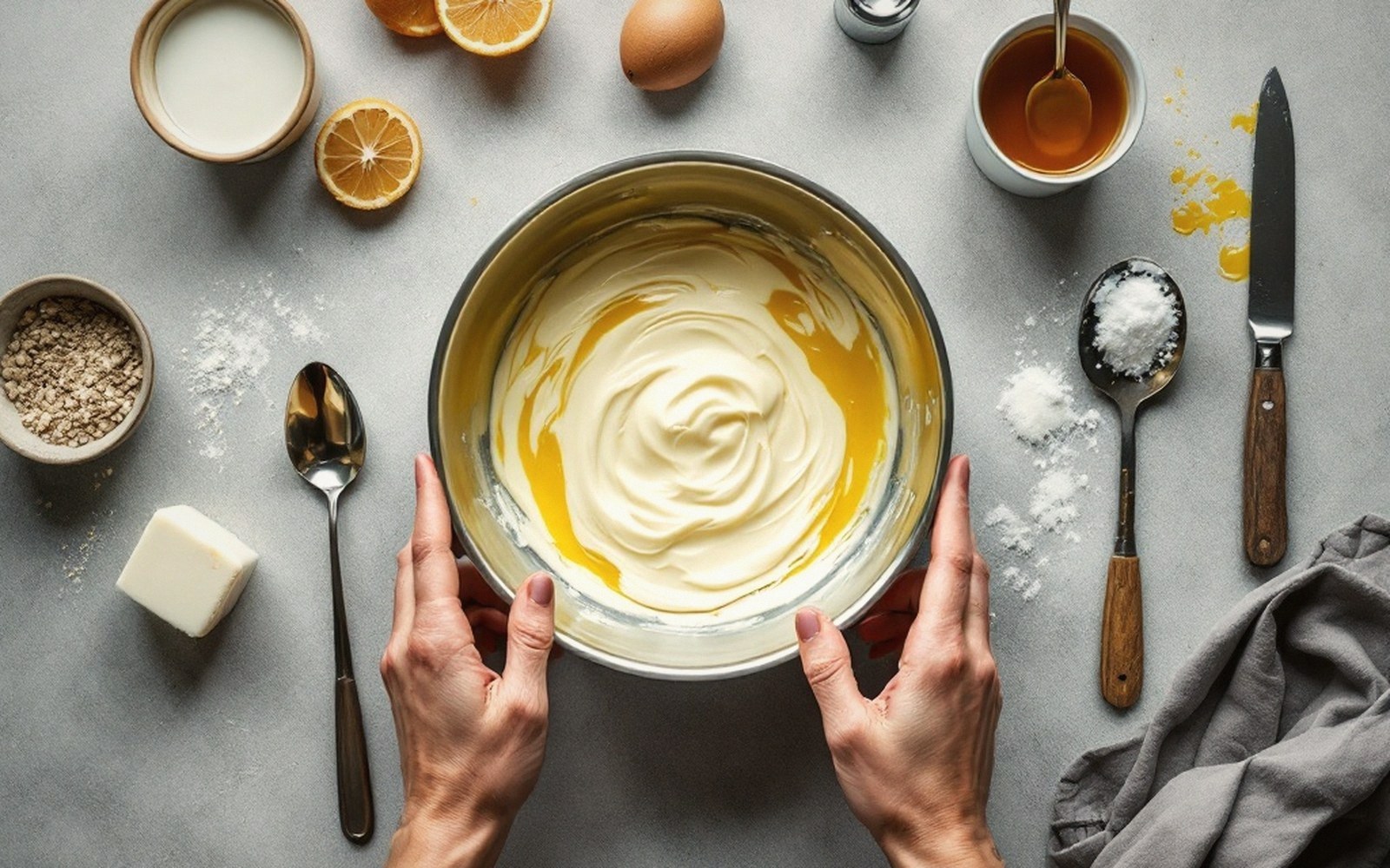 Hands hold a bowl of creamy batter swirled with butter, surrounded by baking ingredients