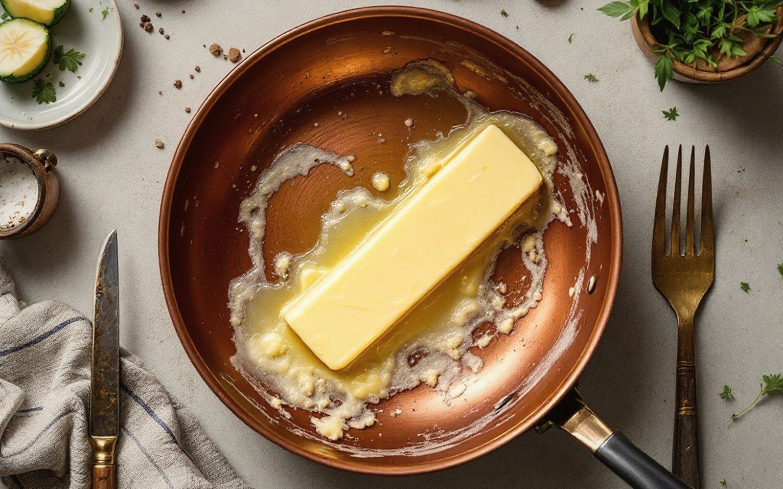 Cold butter just added to a hot copper pan off the heat, beginning to melt at the edges, photographed from above
