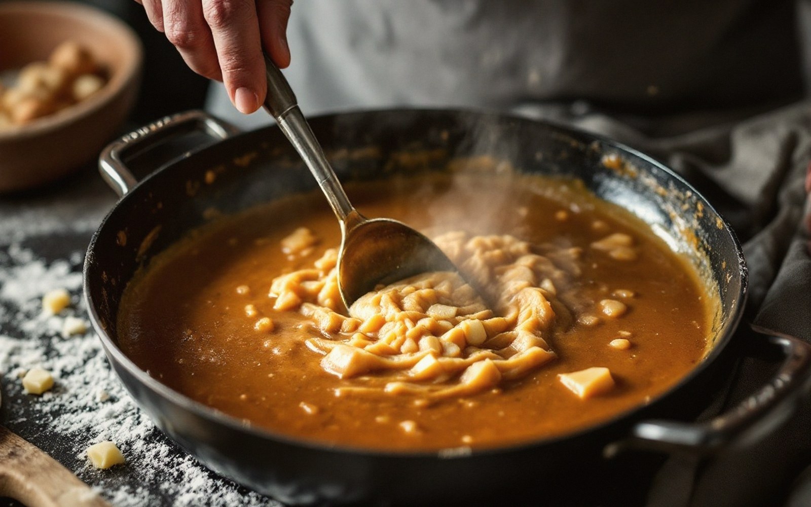 A cook’s hand stirring a roux in a heavy pan, the mixture at a deep nutty-brown stage